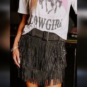 Nylon Apparel Black Beaded Fringe Mini Skirt with Belt – Size 3X‎
